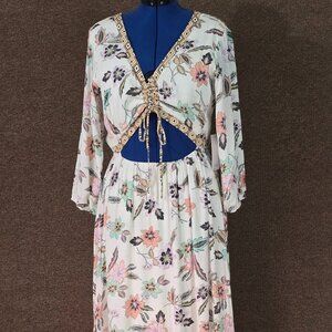 Hurley Island Batik Floral Maxi Dress Cream Puff Sleeve NWT Size L